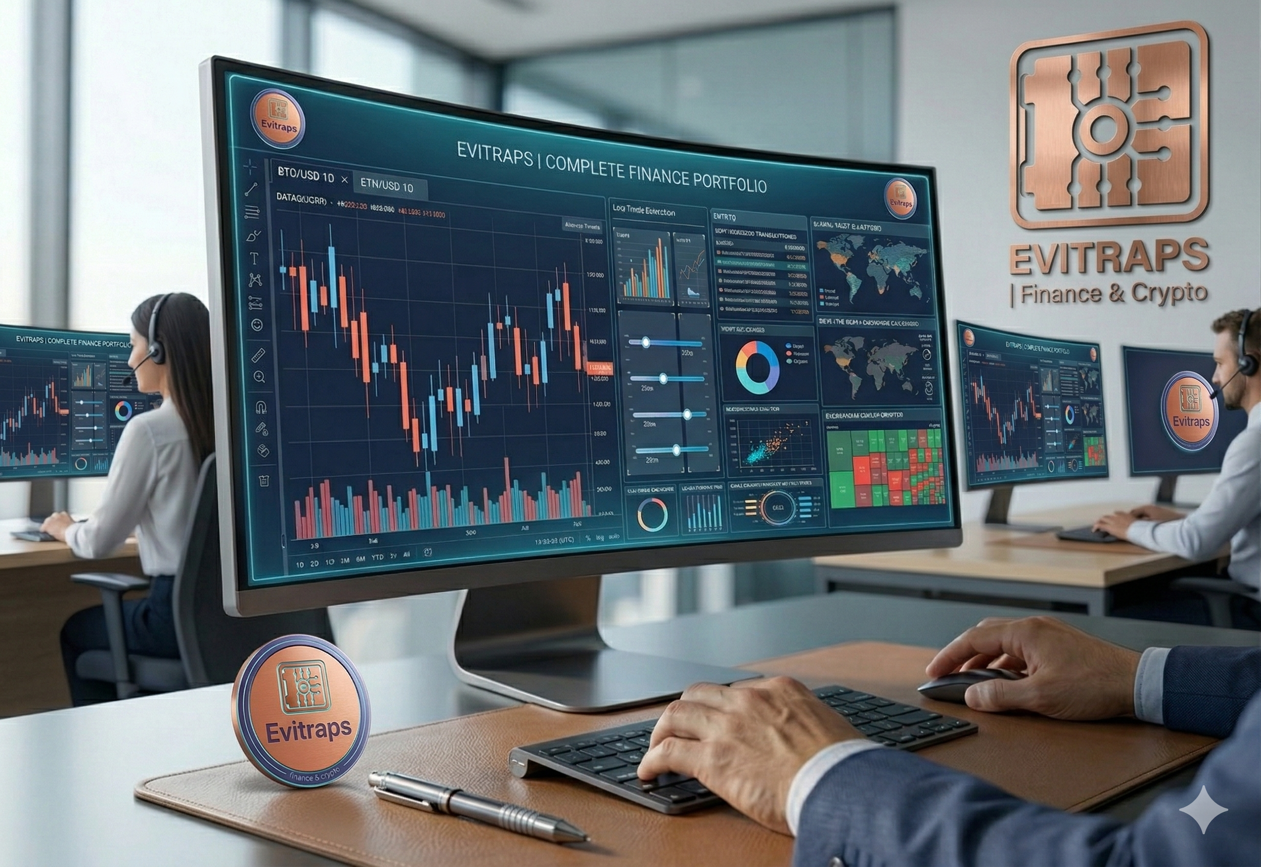 An official Evitraps user enjoying institutional-grade features on a secure best trading app dashboard, with the Australian human support team visible in the background for complete peace of mind.