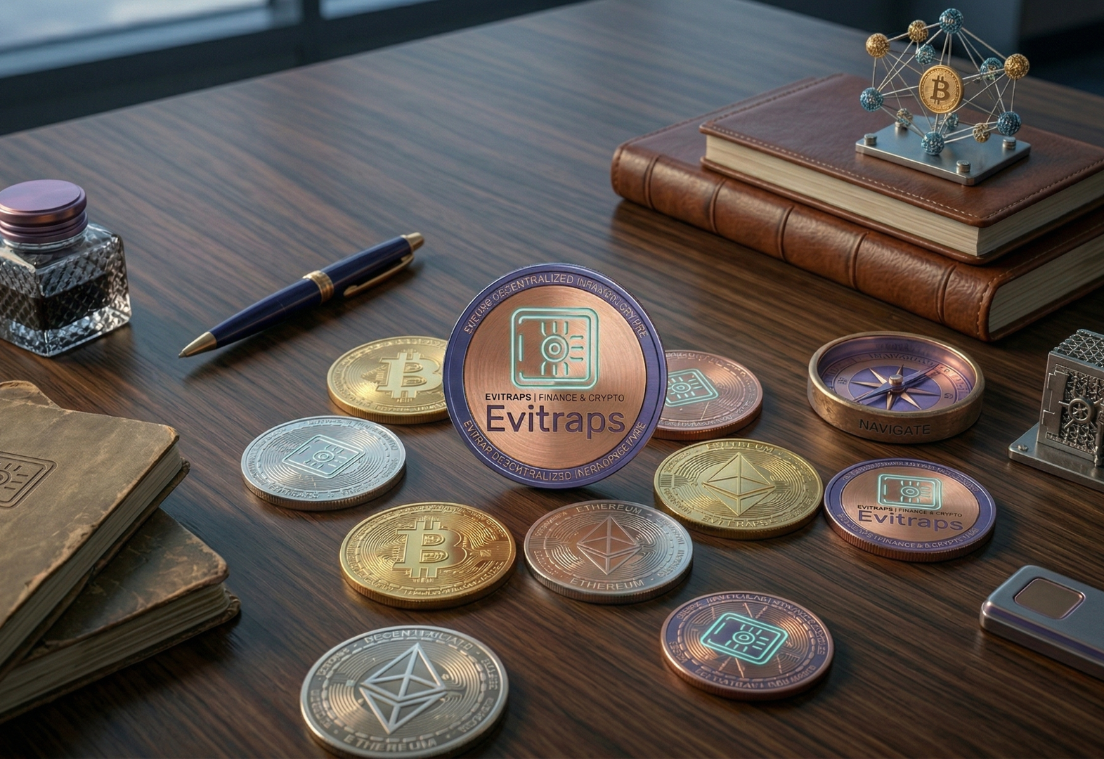 A collection of major digital assets and the official Evitraps token on a professional desk, representing a diverse portfolio managed via the best trading app and guided by crypto calls australia.