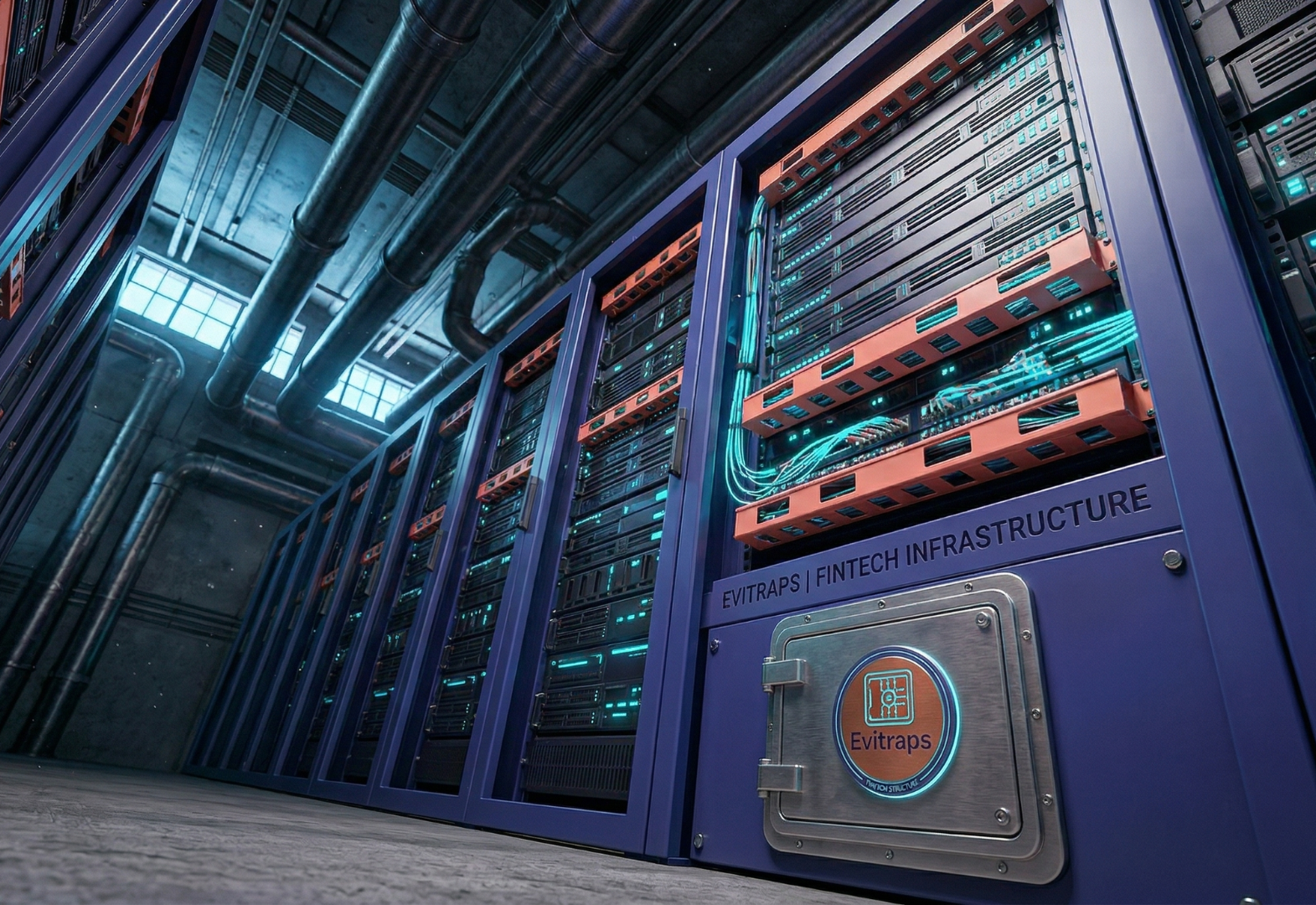 The high-speed official Evitraps fintech infrastructure, featuring secure server racks that power our robot trading engine and the best trading app for Australian investors.